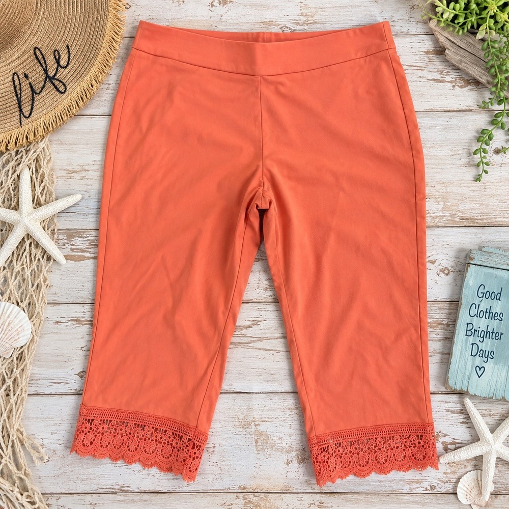 RealSize Women Medium Coral Orange Lace Trim Capri Pants Pull On Cropped Pant